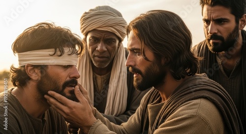 Jesus Christ performs a divine miracle, healing a suffering blind man, a powerful religious event, spiritual theology, an inspiring ancient biblical story of unwavering faith
