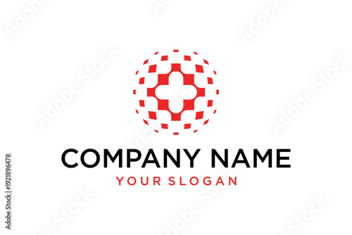 Abstract Red Checkered Globe Logo with White Medical Cross for Company Branding