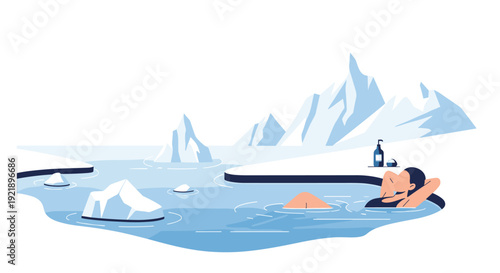 A person relaxes in a natural hot spring or pool within an icy landscape featuring floating icebergs and majestic snow-covered mountains, with a bottle nearby.