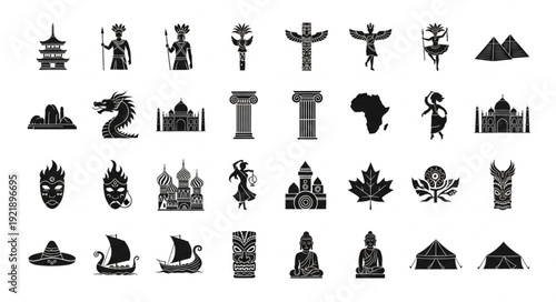 Collection of Diverse Cultural Symbols and Landmarks Icons.