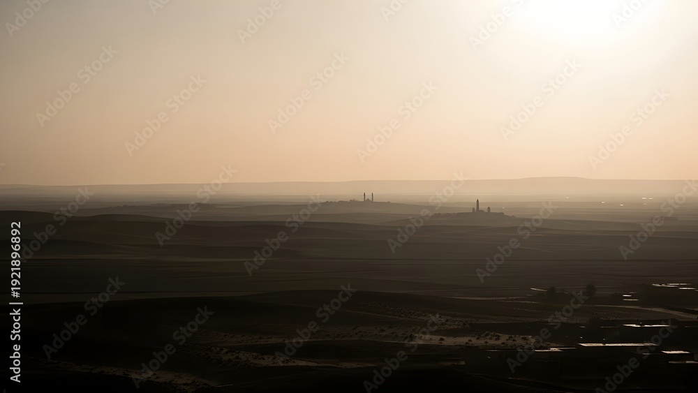Obraz premium A hazy landscape with a bright sun in the background