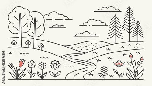 Minimalist Line Art Spring Landscape with Winding River Trees and Flowers for Nature Website Design and Eco Branding