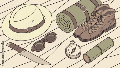 Adventure Travel Gear Flat Lay for Expedition Planning Hiking Camping Trip Preparation Outdoor Journey Essentials