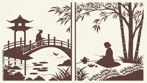 Serene Japanese Garden Silhouette for Zen Spa Travel Brochure Tea Ceremony Illustration Calm Asian Landscape Design