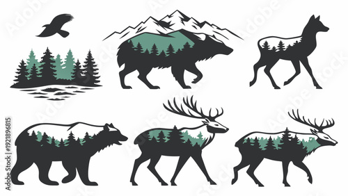 Wilderness Wildlife Silhouette Graphic Set Bear Deer Elk Forest Mountain Nature Logo Design For Outdoor Apparel Branding Adventure Travel Web Design