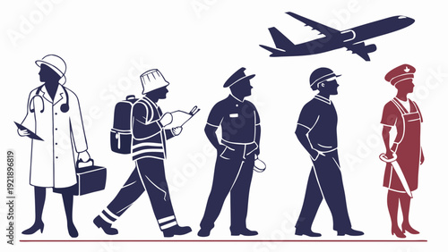 Essential Workers Lineup Doctor Firefighter Pilot Construction Nurse Aviation Safety Career Diversity Illustration