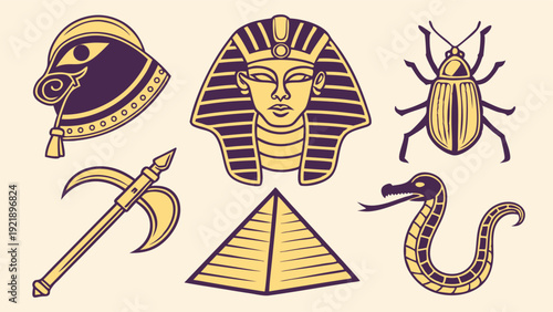 Ancient Egyptian Icons Set Pharaoh Mask Pyramid Scarab Snake for History Education Travel Web Design Graphics