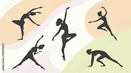 Silhouettes of Dynamic Female Dancers Performing Ballet and Modern Poses for Fitness Website or Health Promotion Graphics