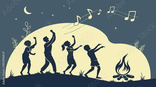 Joyful Family Dancing Around Campfire Under Night Sky for Summer Vacation or Outdoor Celebration Fun