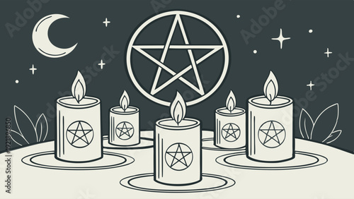 Mystical Pentagram Ritual Scene with Five Burning Candles Under Crescent Moon for Occult Design Projects