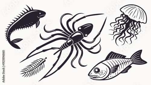 Vintage Nautical Sea Life Illustrations Set Ancient Marine Fossils Fish Jellyfish for Ocean Education Design Projects