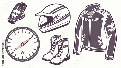Motorcycle Rider Gear Icons for Adventure Travel Web Design Safety Biker Equipment Illustration