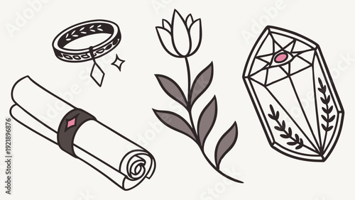 Mystical Treasure Icons Scroll Ring Flower Gem for Fantasy Game Design Magic Quest UI Elements