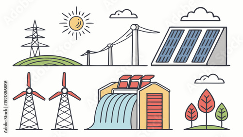 Renewable Energy Sources Illustration for Sustainable Power Generation Web Design and Green Technology Presentations