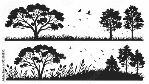 Black Silhouette Landscape Set Diverse Trees Grass and Flying Birds for Nature Design Elements and Outdoor Scene Illustrations