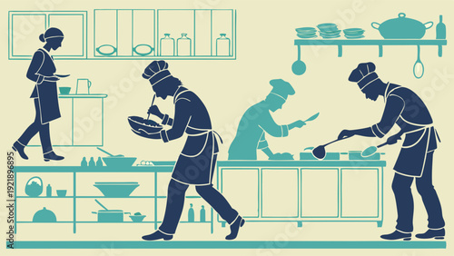 Focused Chefs Cooking Professionally in Busy Restaurant Kitchen for Food Service Menu Design and Culinary Training Promotion