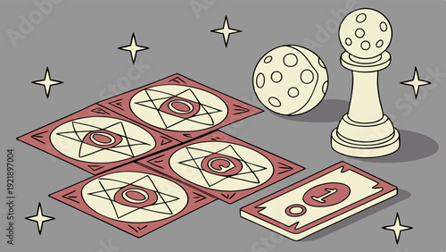 Mystical Tarot Cards and Chess Piece for Fortune Telling Game Design and Esoteric Occult Web Backgrounds