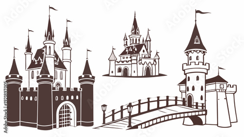 Fairytale Castle Silhouettes Vector Set Medieval Fortress Architecture for Fantasy Game Design Storybook Illustration Enchanting Adventure Backdrop