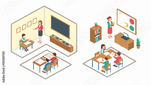 Isometric Classroom Learning Scenes Teacher Instructing Students Group Study Session for Educational Website Design and Presentation Materials
