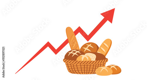 A prominent red upward arrow curving dynamically behind a rustic wicker basket filled with a variety of freshly baked bread loaves.