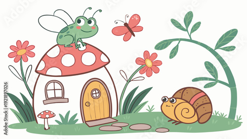 Charming Fairy Tale Garden Scene with Cute Frog on Mushroom House and Snail for Children's Book Illustration