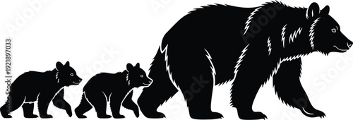 Bear family silhouette, mother bear, cubs walking, wildlife art, nature illustration, black design, protective animal, nurturing symbol, forest ecosystem