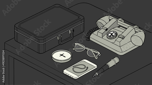 Monochrome Detective or Priest Desk Setup with Briefcase Phone Glasses and Religious Icon for Mystery Investigation or Secret Work