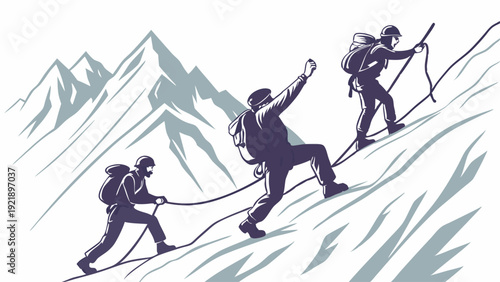 Mountain Climbers Ascending Steep Snowy Slope Roped Together for Teamwork Success and Goal Achievement Outdoor Adventure