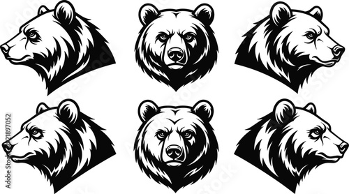 Bear head silhouettes, side profile, frontal view, wildlife icon, animal art, black illustration, mascot design, bold lines, fierce expression, nature symbol