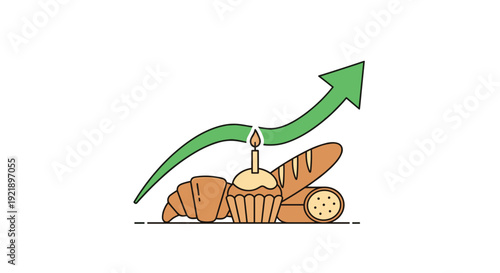 A green upward trending arrow positioned behind a delicious assortment of baked goods including a croissant, cupcake, and bread loaves.