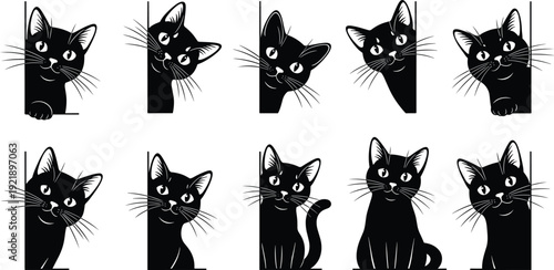 Cat silhouettes, peeking cats, playful felines, curious pets, whiskers, animal art, black illustration, cartoon style, pattern design, feline expressions