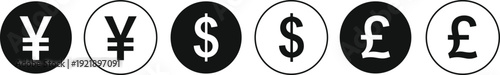 Currency icons, yen symbol, dollar sign, pound sterling, financial design, black white circles, economic art, money illustration, global finance, banking