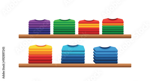 Multiple vibrantly colored stacks of neatly folded t-shirts and polo shirts arranged on two wooden shelves against a white background.