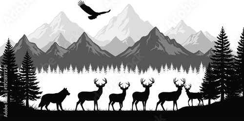 Mountain forest silhouette, deer herd, bear figure, eagle soaring, pine trees, wildlife art, nature illustration, black design, tranquil landscape, ecosystem