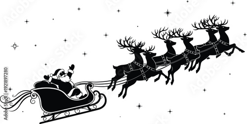 Santa Claus silhouette, sleigh with reindeer, Christmas night, festive illustration, holiday art, starry sky, magical design, winter celebration, tradition