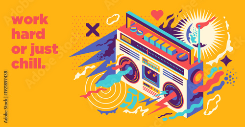 Conceptual illustration with ghetto blaster and colorful abstract shapes. Vector illustration.