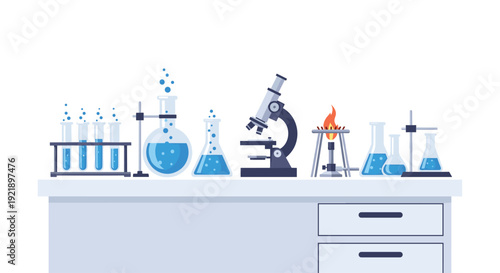 A bustling science laboratory bench features various beakers, test tubes, flasks, a microscope, and a Bunsen burner with a flame, all containing blue liquids.