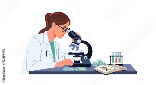 A female scientist in a lab coat and glasses intently examines a specimen through a microscope, surrounded by petri dishes and a DNA notebook.