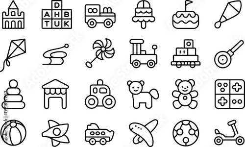 Kids Toys and Play Line Icons Set Outline Children Games and Objects Vector Collection