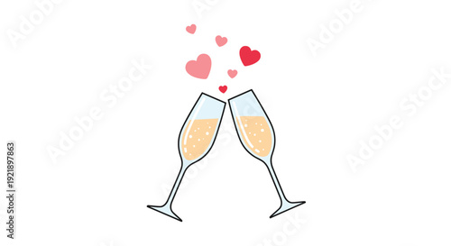 Two elegant champagne flutes are clinking together in a celebratory toast, with several charming pink and red heart shapes gently rising from the sparkling liquid on a plain white background.