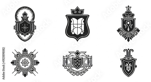 Collection of six vintage heraldic crests and emblems.