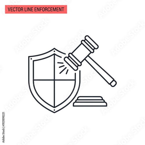 A vector graphic illustration of a gavel and shield with a book, symbolizing law and order, justice and protection
