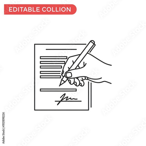 A hand holding a pen and signing a document in a simple line art style