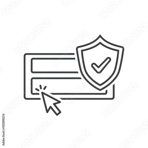 A vector graphic icon of a shield with a checkmark over a login form and a mouse cursor clicking on it, symbolizing secure online access and protection