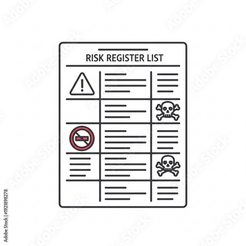 A vector graphic illustration of a risk register list with warning symbols and blank lines for data entry