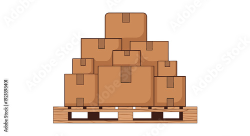 A tall stack of brown cardboard shipping boxes, neatly arranged on a sturdy wooden pallet, ready for storage or transport, on a white background.