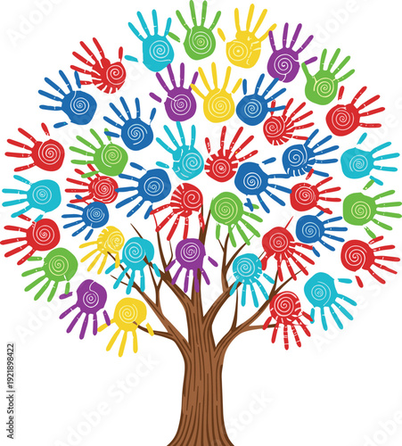 Colorful, handprint, tree, vector, illustration, with, spiral, patterns, kids, art, concept, education, creativity, teamwork, diversity, fun, school, project, design, poster