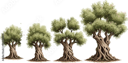 Old, olive, trees, vector, illustration, collection, realistic, botanical, nature, design, isolated, background, mediterranean, landscape, greenery, vintage, plant, elements, clipart, set