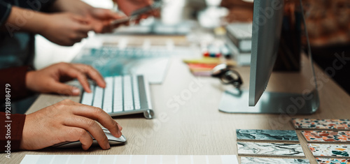 Fényképezés A dynamic scene showcasing diverse hands engaged in design work at a modern workspace, highlighting collaboration with digital tools, colorful swatches, and creative inspiration