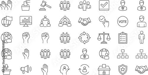 politics, democracy, election, voting, justice, government, rights, leadership, civic, icons, minimal, outline, editable, pack, flat, vector, illustration, modern, set, design